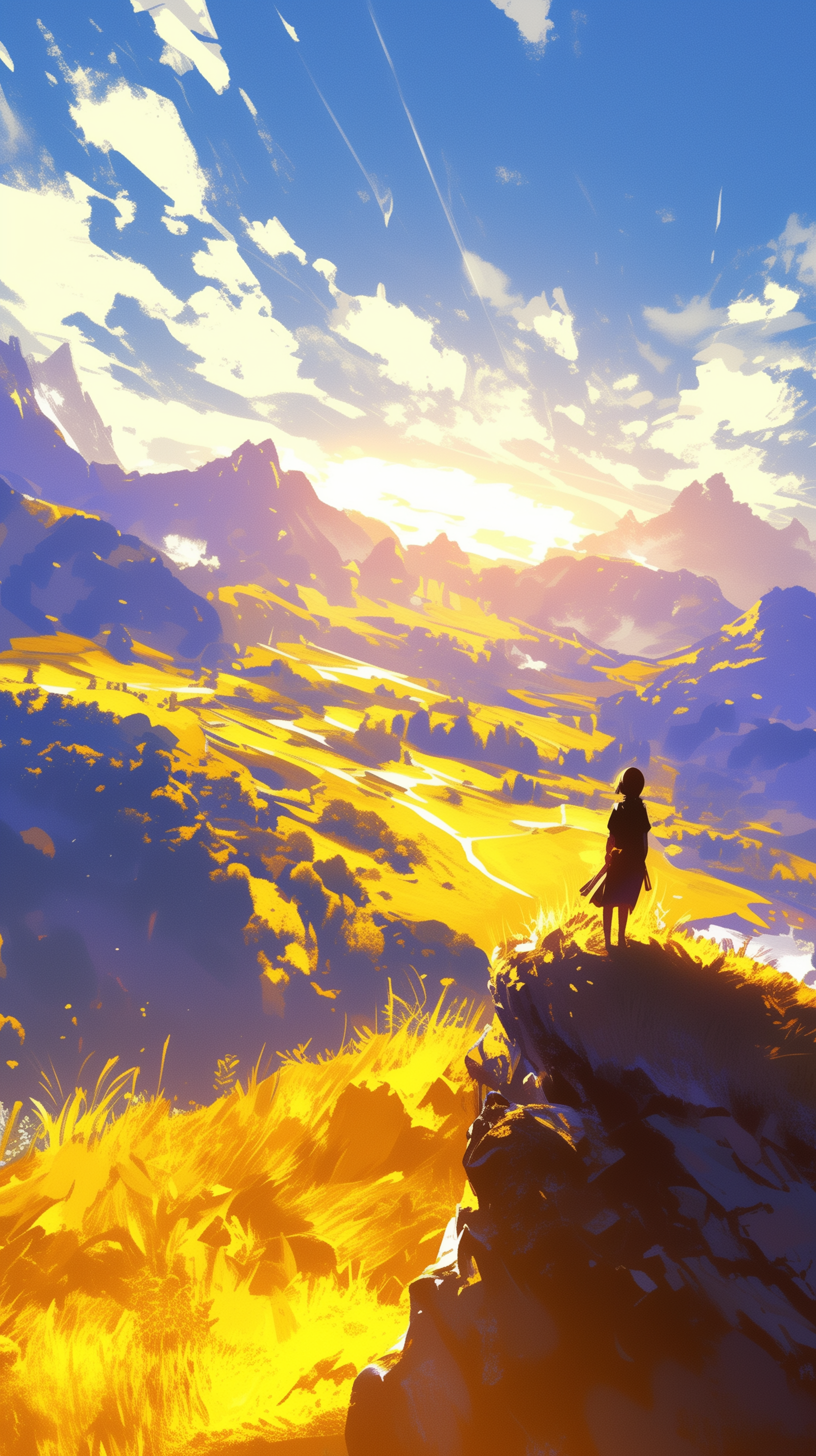 Silhouette of a person standing on a cliff overlooking a vibrant landscape bathed in the golden glow of the sunshine with majestic mountains in the background.