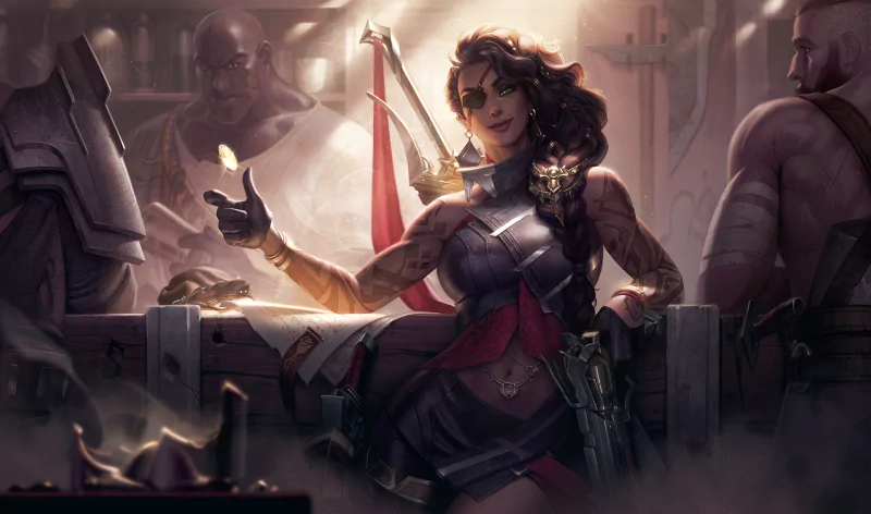 Artwork of Samira, a champion from the video game League of Legends, confidently posing with her weapon amidst a team of allies.