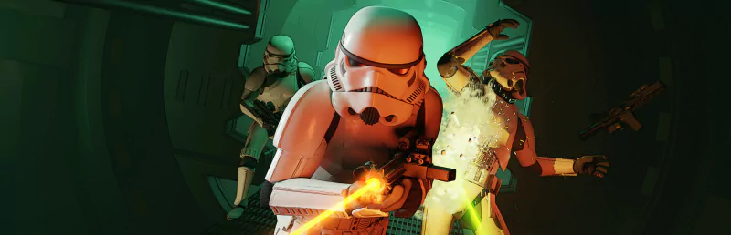 Stormtroopers engaged in battle from the Star Wars: Dark Forces Remaster video game.