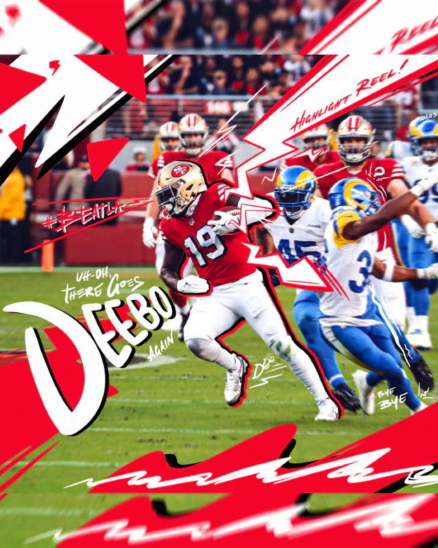 Dynamic San Francisco 49ers player making a football play with stylized graphics and text overlays emphasizing action.