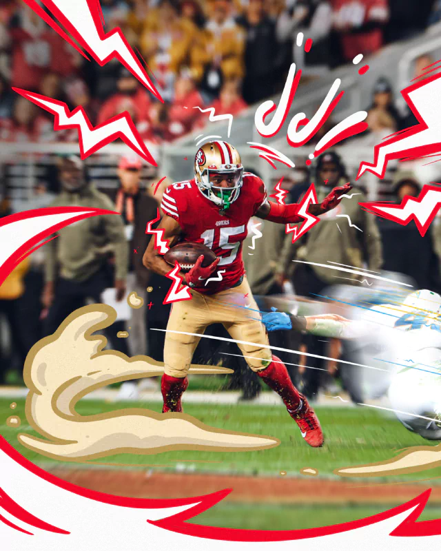 San Francisco 49ers player in action during an NFL football game with dynamic lightning illustration effects.