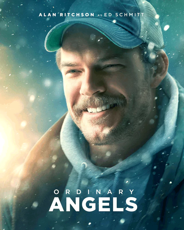 Promotional poster for the movie Ordinary Angels featuring a smiling man in winter clothing with snowflakes around, headlined by actor Alan Ritchson.