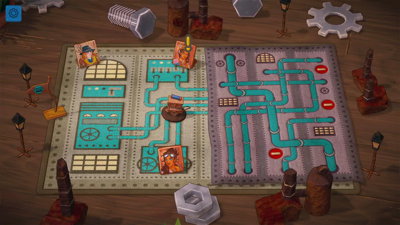 In-game screenshot of Quilts and Cats of Calico video game featuring a vibrant quilt pattern board layout with whimsical cat figures and thematic game pieces.