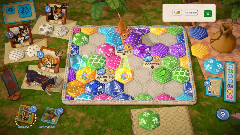 In-game screenshot of 'Quilts and Cats of Calico' video game, featuring colorful quilt patterns and adorable cats on a board game layout.