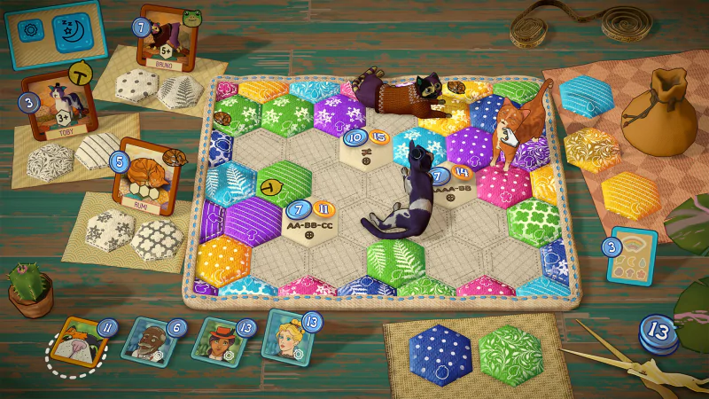 Colorful board game setup from the video game Quilts and Cats of Calico, featuring a patchwork quilt board with vibrant patterns and adorable cat figurines.