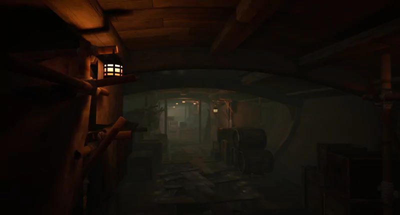 Dimly lit cabin interior from the video game 'The Pirate Queen: A Forgotten Legend,' showcasing detailed wooden textures and atmospheric pirate-themed decor.