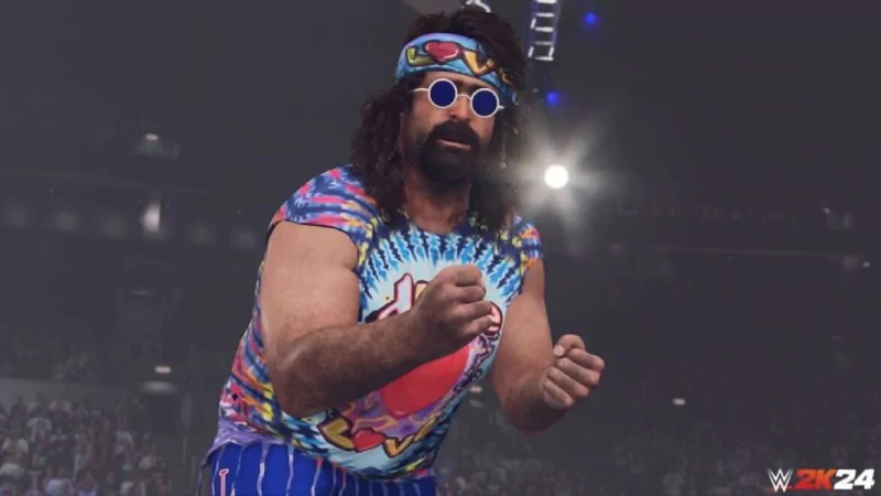 Wrestler character in WWE 2K24 video game poised for action in the ring.