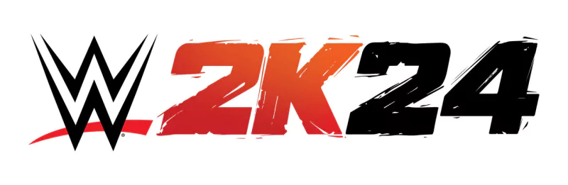 Logo of WWE 2K24 video game with bold red and black lettering.