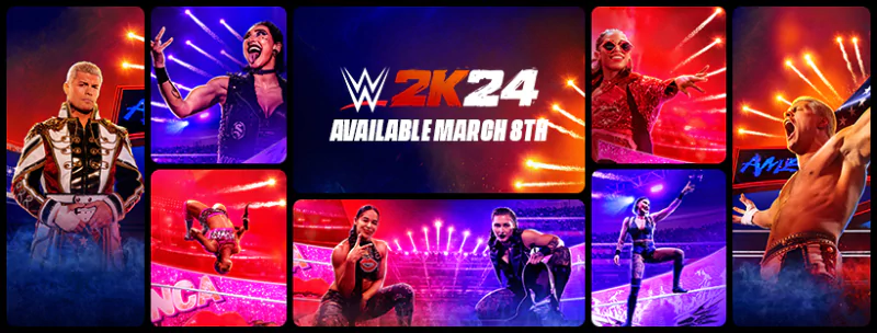 Promotional banner for WWE 2K24 video game featuring various wrestlers in dynamic poses with a release date announcement.
