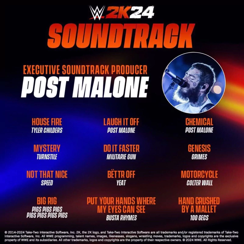 Promotional image for WWE 2K24 video game featuring the soundtrack list with Post Malone as the executive producer, highlighted against a vibrant blue and red background.