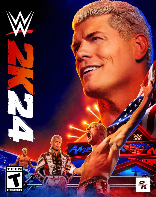 Promotional cover art for WWE 2K24 video game featuring wrestling superstars and dynamic graphics.