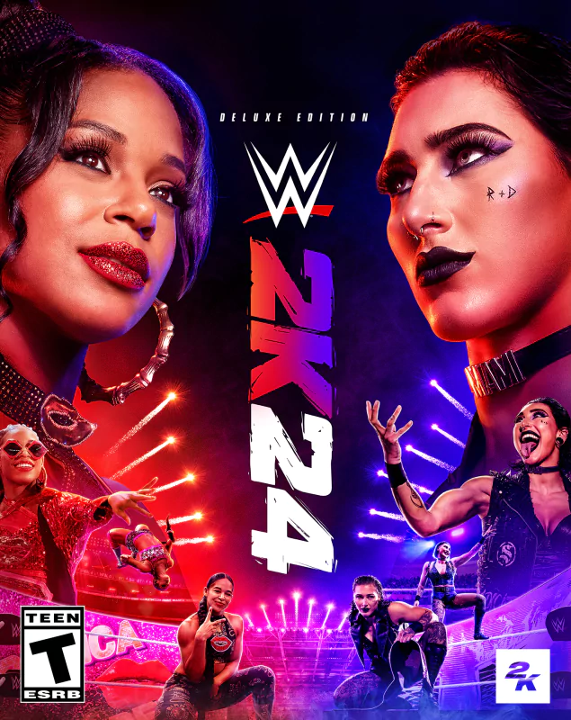 Promotional cover art for WWE 2K24 Deluxe Edition video game featuring dynamic images of wrestling superstars in action, with vibrant purple and pink hues.
