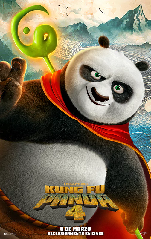 Promotional poster for 'Kung Fu Panda 4' featuring Po, the animated panda character, with a dynamic martial arts pose against a mystical landscape backdrop.