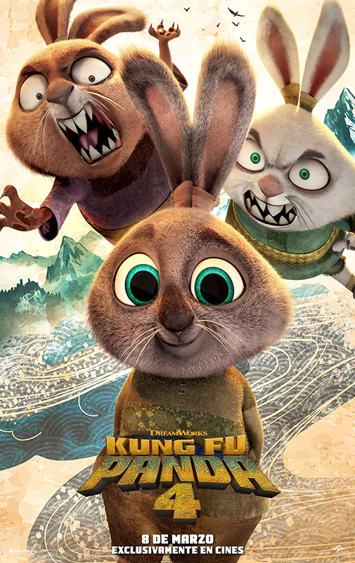 Promotional poster for Kung Fu Panda 4 featuring animated rabbit characters with a martial arts theme and the movie's release date.