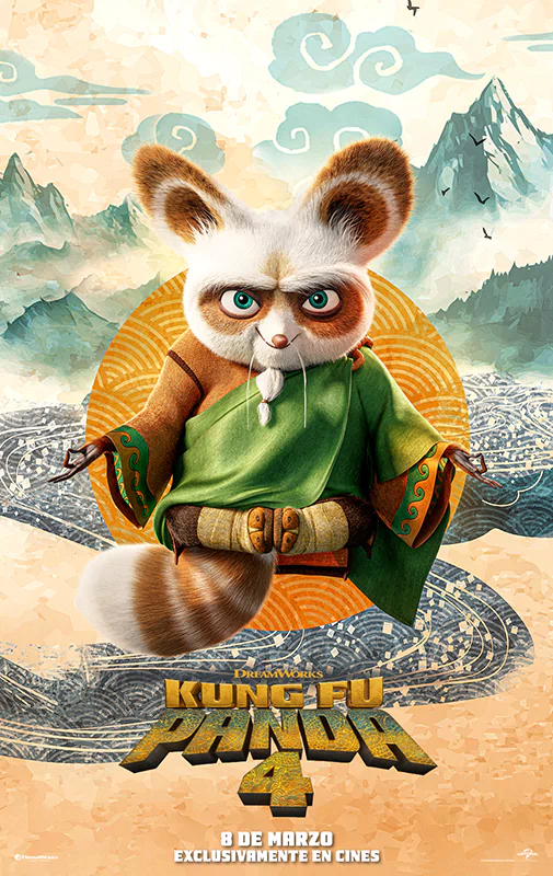Master Shifu character poster for Kung Fu Panda 4 movie with mountain landscape background.