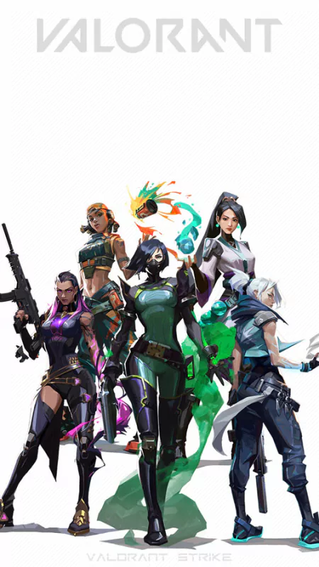 Illustration of diverse characters from the video game Valorant, showcasing their unique abilities and outfits against a white background with the game's logo.