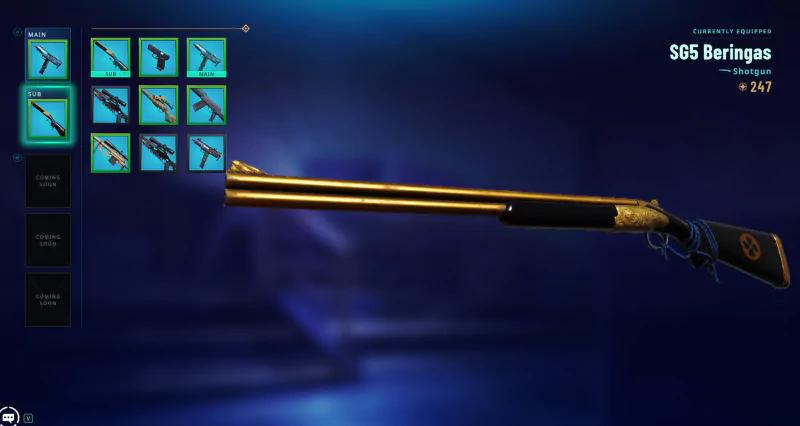 The SG5 Beringas shotgun from the video game Riftstorm is displayed with a gold finish and intricate designs, surrounded by a user interface showing various weapon options.