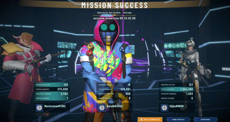 Riftstorm video game screenshot displaying a colorful character celebrating Mission Success with stats on screen.
