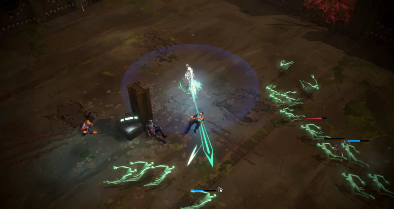 Riftstorm game screenshot showing a character casting a magical shield spell in an arena battle.