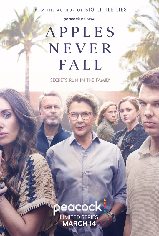 Promotional poster for the Peacock original TV show Apples Never Fall featuring a focused group of main characters with a mysterious ambiance, releasing March 14.
