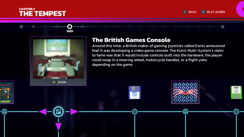 Screenshot of a segment titled 'The Tempest' from 'Llamasoft: The Jeff Minter Story' video game documentary, showcasing a timeline with a vintage British games console narrative.