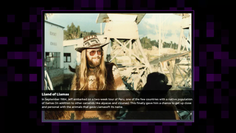 Screenshot from Llamasoft: The Jeff Minter Story video game featuring a character styled like Jeff Minter in a whimsical llama-themed environment.