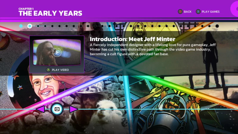 Interactive webpage from 'Llamasoft: The Jeff Minter Story' highlighting the early years of game developer Jeff Minter with vibrant graphics and game imagery.