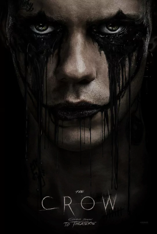 Promotional movie poster for The Crow (2024) featuring a close-up of a haunting character with black makeup streaming from the eyes, embodying a dark and dramatic theme.
