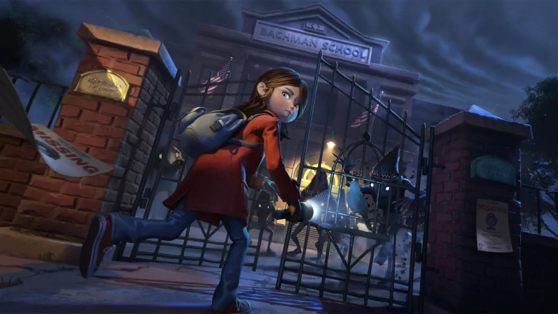Protagonist girl from the video game Gylt cautiously exploring outside a spooky, dimly lit school at night.