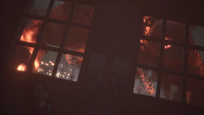 A tense moment from the video game Gylt, featuring a character observing a fiery anomaly behind a window.