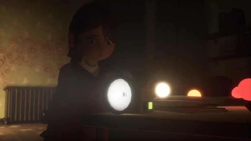 Girl holding a flashlight in a dark room from the video game Gylt.