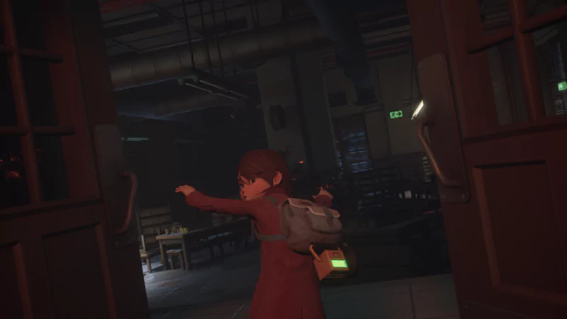 Young female character exploring a dimly lit library in the video game Gylt.