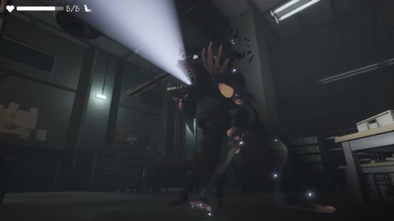 A creepy creature spotlighted in a dark room from the video game Gylt.