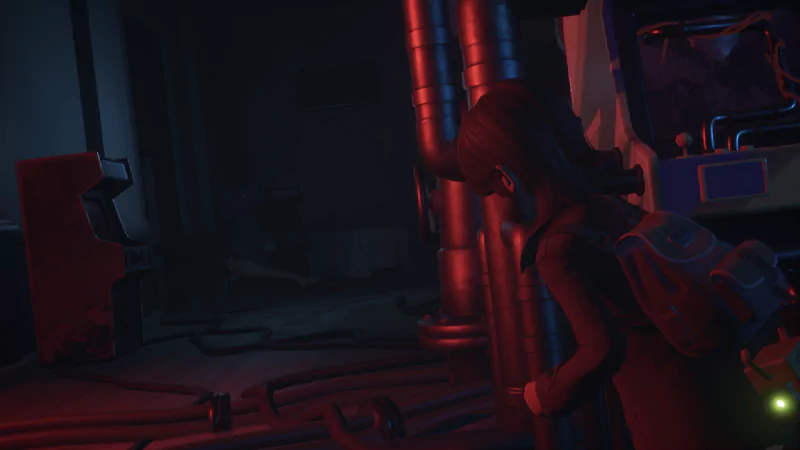 Female protagonist from the video game Gylt exploring a dimly lit, industrial environment with eerie red lighting.