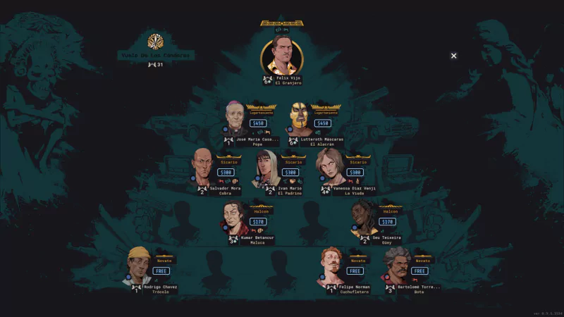 Character selection screen from 'Cartel Tycoon' video game with various character portraits and stats.