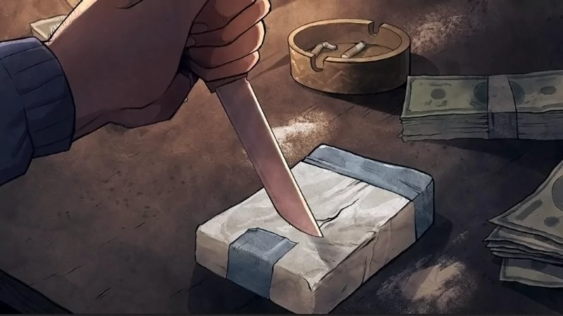 Illustration of a hand with a knife cutting through a brick of white powder from the video game Cartel Tycoon, highlighting the game's drug trade theme.