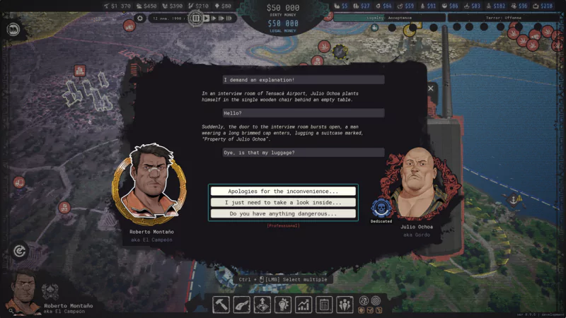 Screenshot from 'Cartel Tycoon' video game featuring character dialogue and strategic gameplay interface.