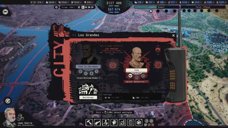 Screenshot of Cartel Tycoon video game interface featuring in-game menus and characters.