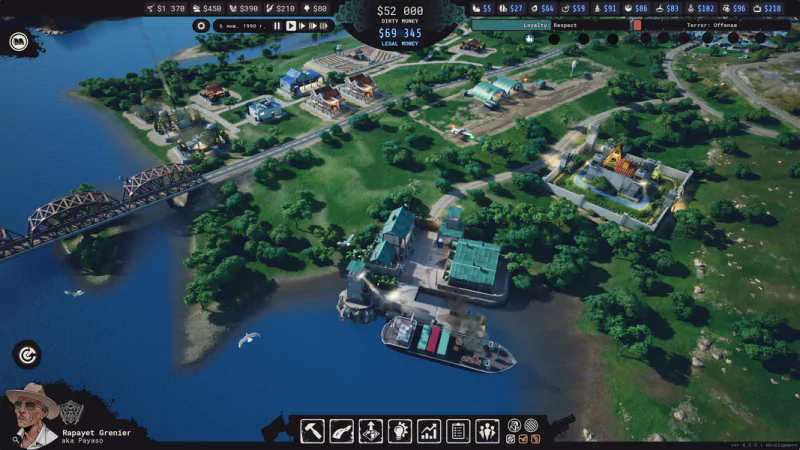 In-game screenshot of Cartel Tycoon showing a strategic aerial view of a drug empire with buildings, vehicles, and landscape.