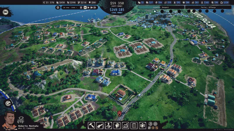 In-game screenshot of Cartel Tycoon showing a detailed overview of a bustling virtual narco empire with various buildings and infrastructure.