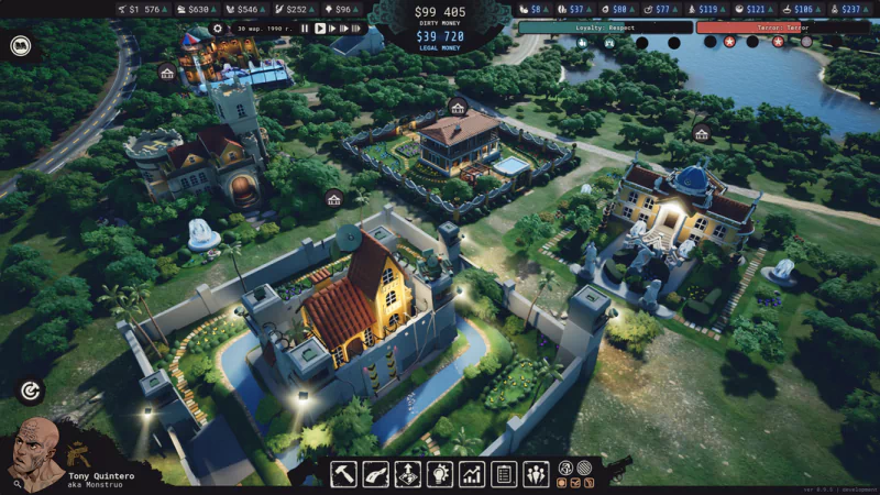 Screenshot of Cartel Tycoon video game showing a bird's-eye view of a fortified estate with various buildings and a tropical landscape environment.