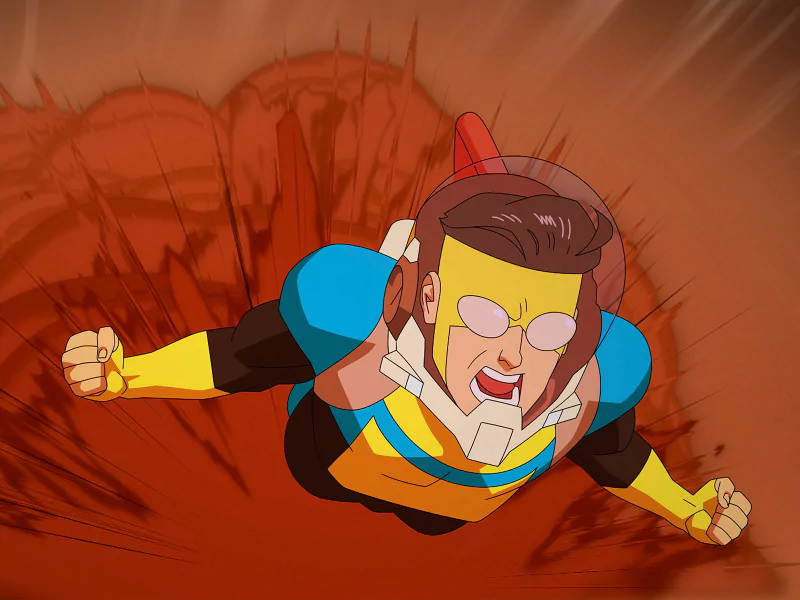 Animated superhero character from Invincible TV show flying at high speed, based on Image Comics series.