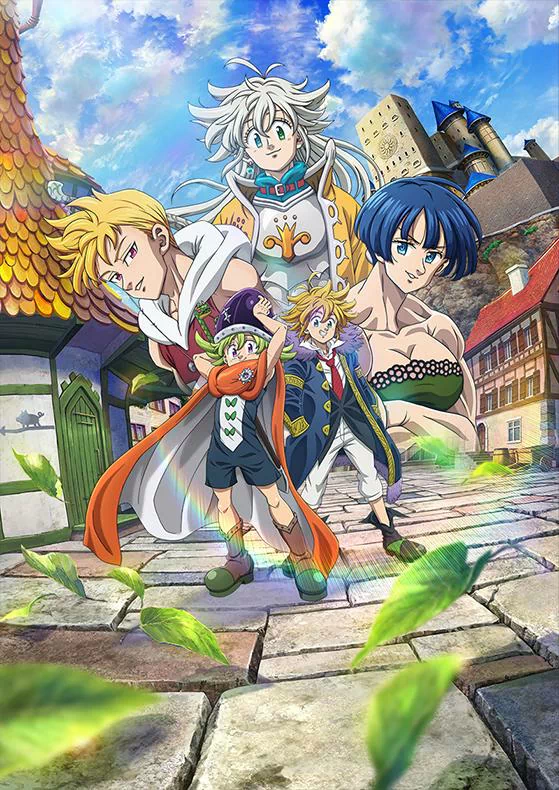 Anime characters from The Seven Deadly Sins: Four Knights of the Apocalypse adventuring through a medieval town setting.