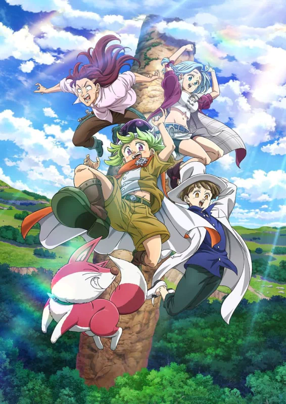 Anime characters from The Seven Deadly Sins: Four Knights of the Apocalypse standing heroically atop a pillar with a vibrant landscape in the background.