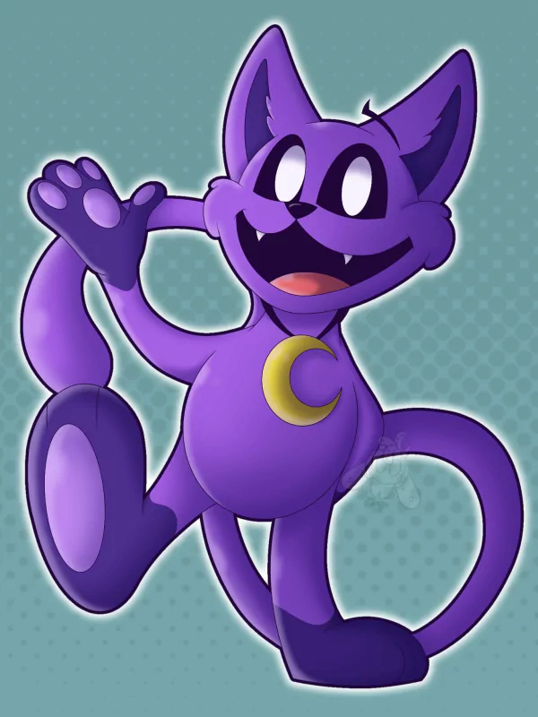 Illustration of CatNap, a purple cartoon cat character from Poppy Playtime video game, waving with a cheerful expression.
