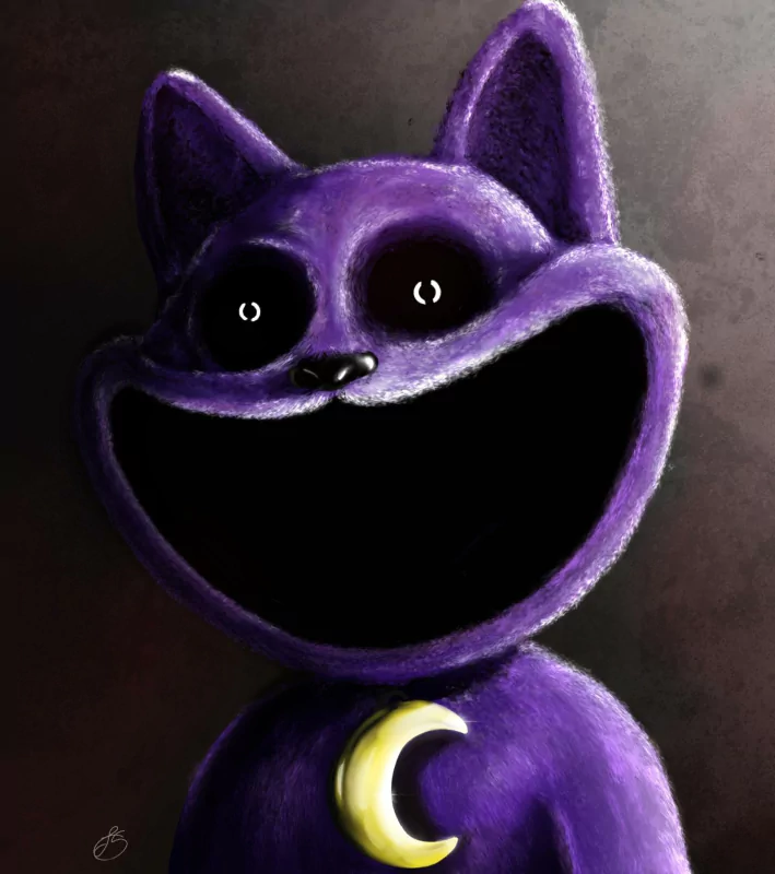 Illustration of CatNap, a purple feline character from the Poppy Playtime video game, with a wide grin and crescent moon pendant.
