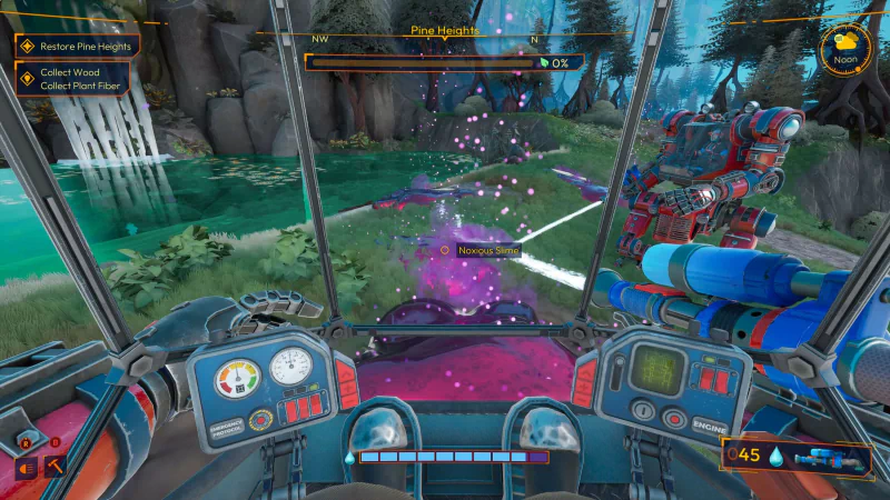 An in-game screenshot of Lightyear Frontier showing a first-person view from inside a futuristic cockpit with a vibrant, forested landscape and purple mineral harvest activity.