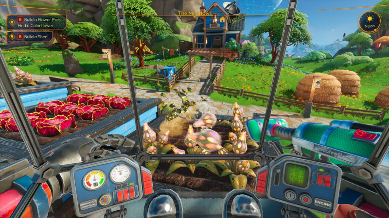 First-person view inside a mech cockpit overlooking a vibrant farm in the video game Lightyear Frontier.
