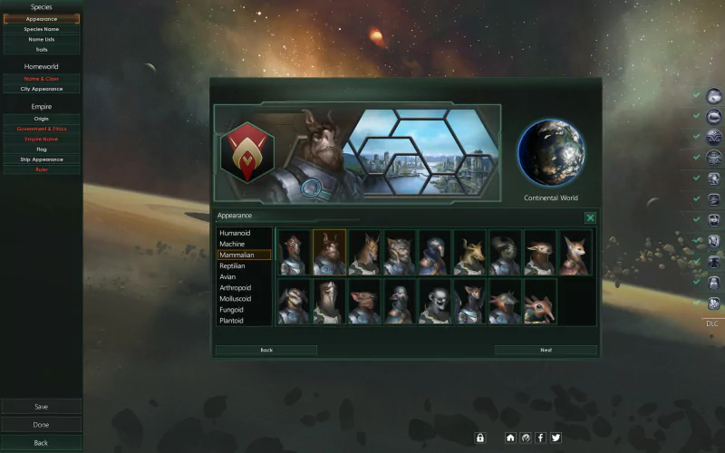Screenshot of the species creation menu in the Stellaris video game, showcasing various alien portraits and customization options.