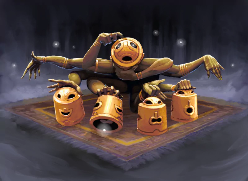 Illustration of the 'Acolyte of the Altar' character from a video game, surrounded by mystical artifacts on a mysterious altar.
